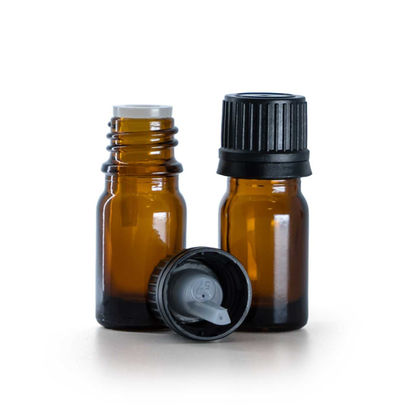 Sklenená fľaška, liekovka, čierny vrchnák s kvapátkom, 5 ml