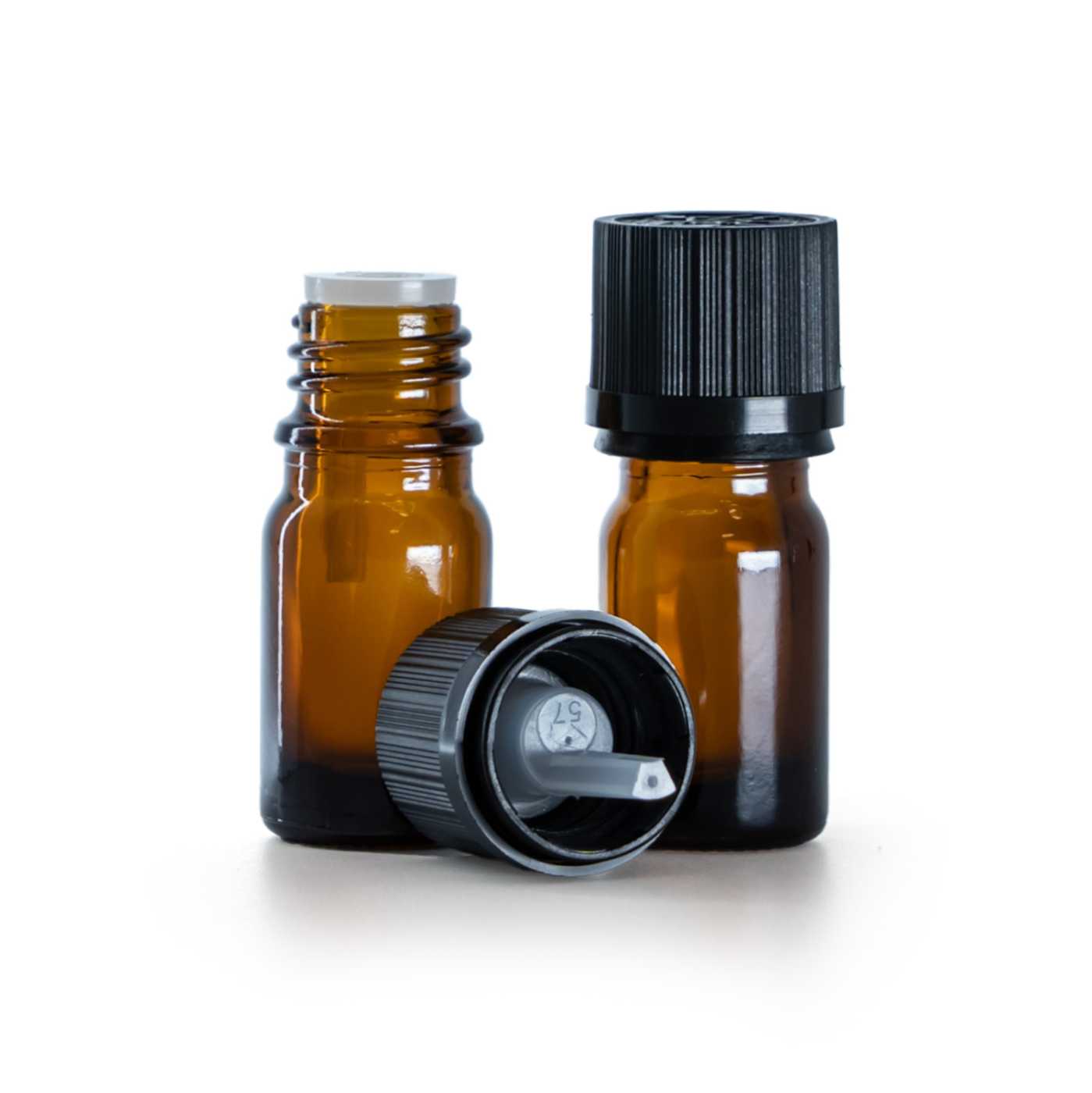 Sklenená fľaška, liekovka, čierny vrúbkovaný vrchnák s poistkou, 5 ml