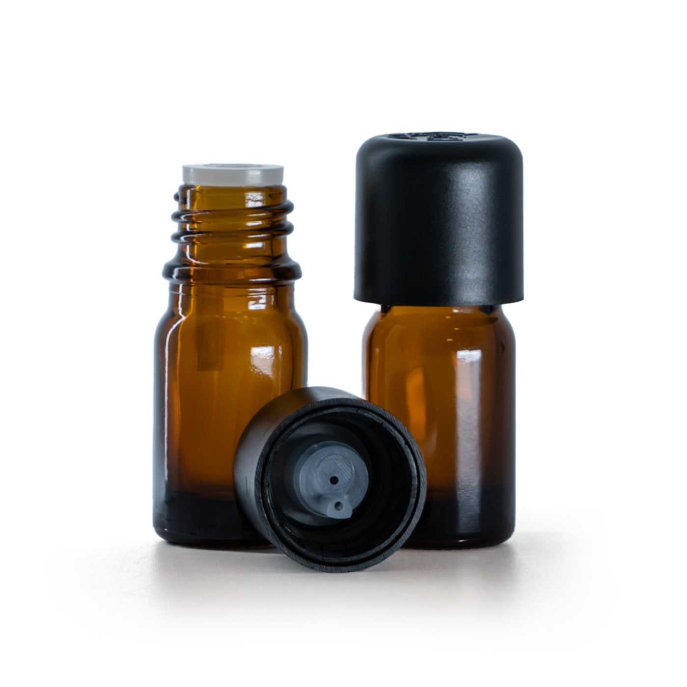 Sklenená fľaška, liekovka, čierny vrchnák s poistkou, 5 ml