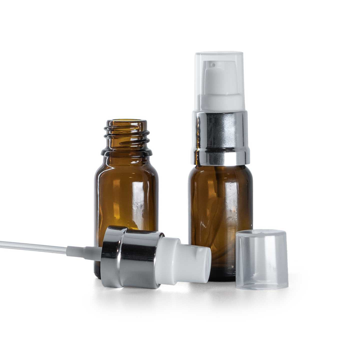 Butelka szklana apteczna, brązowa, biało-srebrny błyszczący dozownik, 10 ml