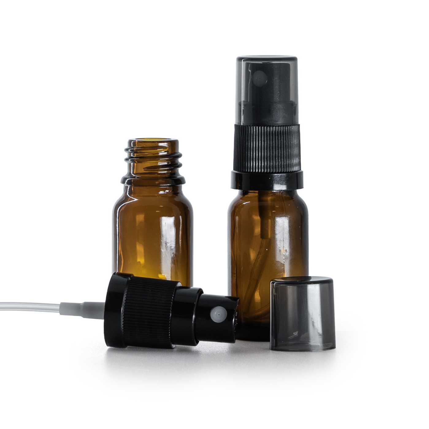 Sklenená fľaška, liekovka, čierny rozprašovač, dymový kryt, 10 ml