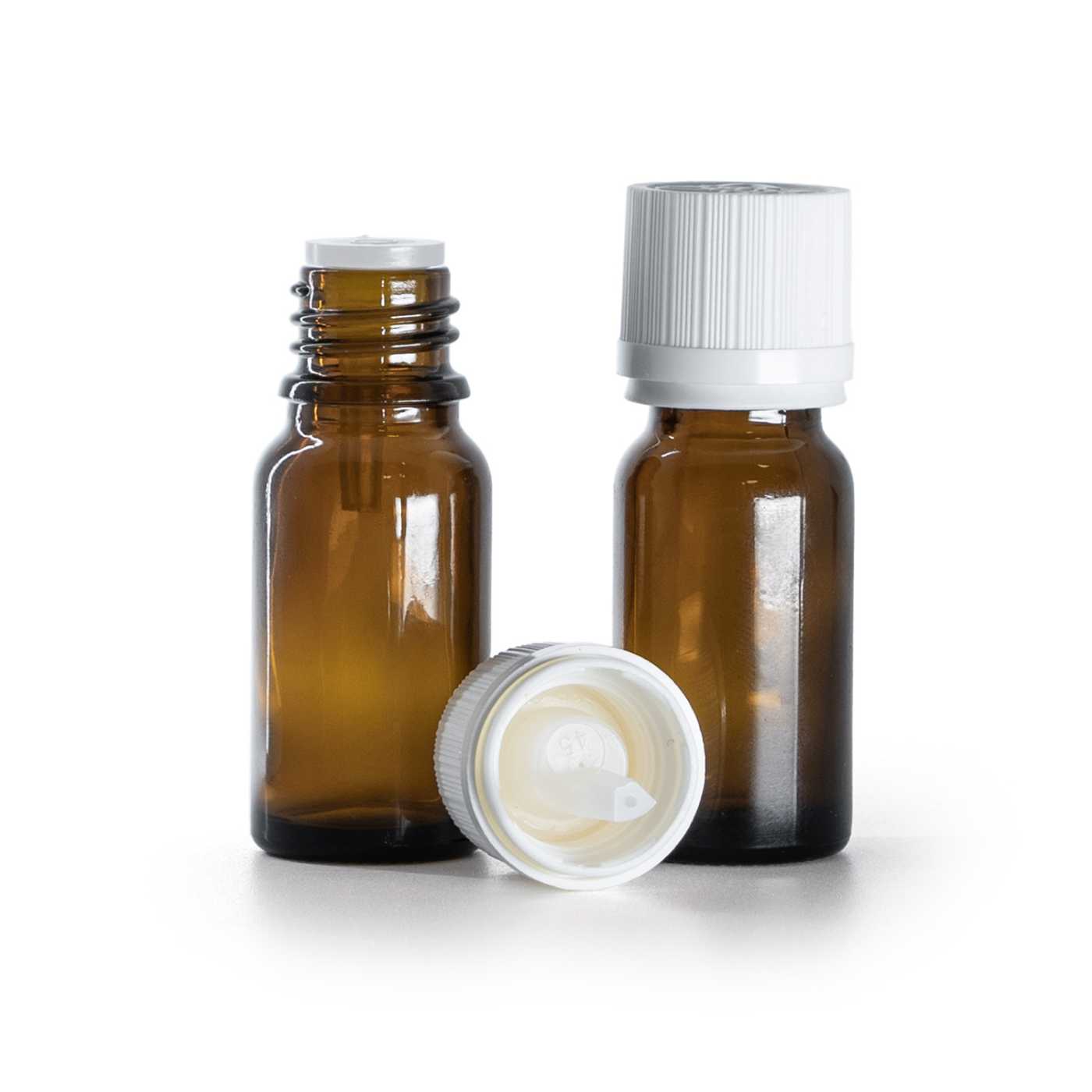 Sklenená fľaška, liekovka, biely vrúbkovaný vrchnák s poistkou, 10 ml