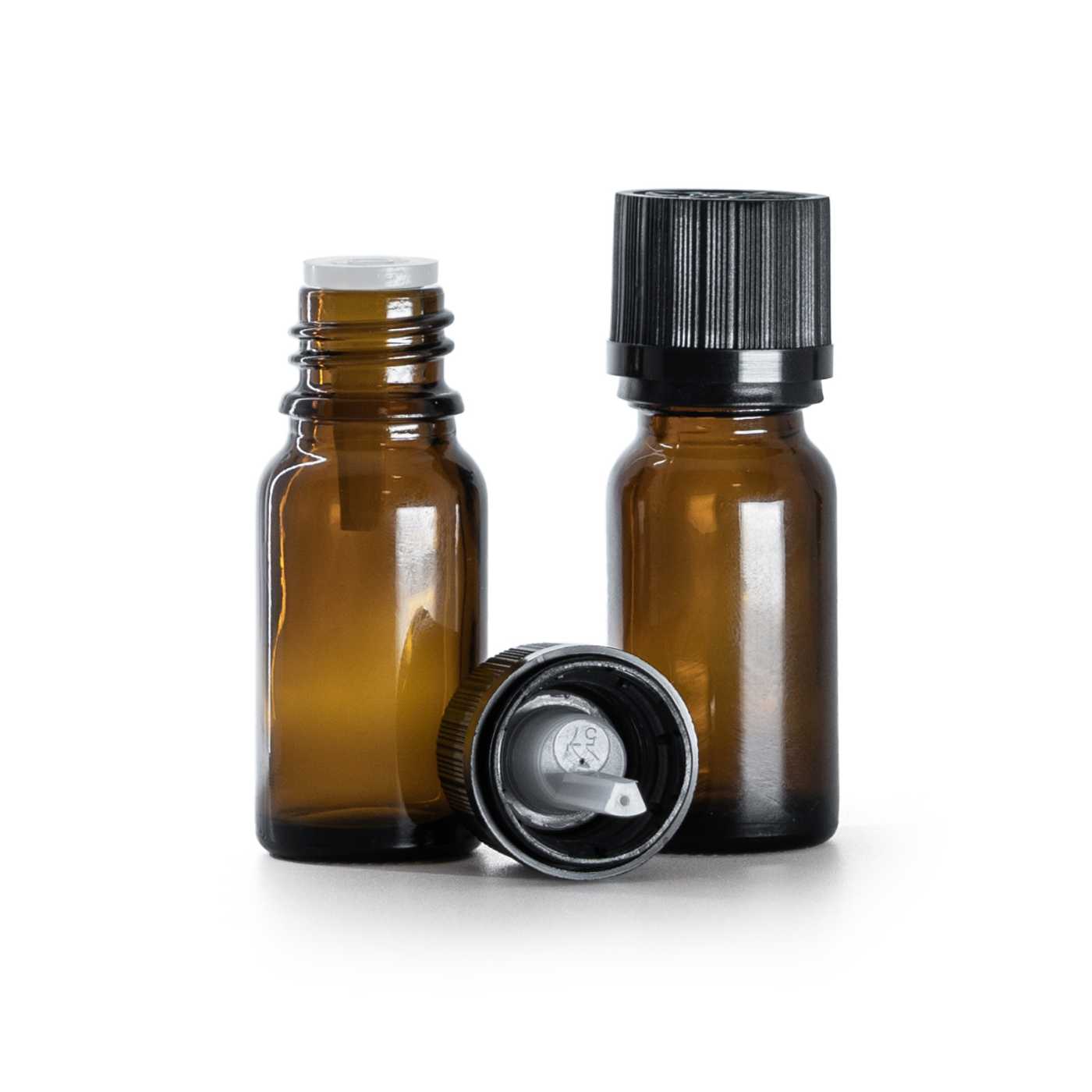 Sklenená fľaška, liekovka, čierny vrúbkovaný vrchnák s poistkou, 10 ml