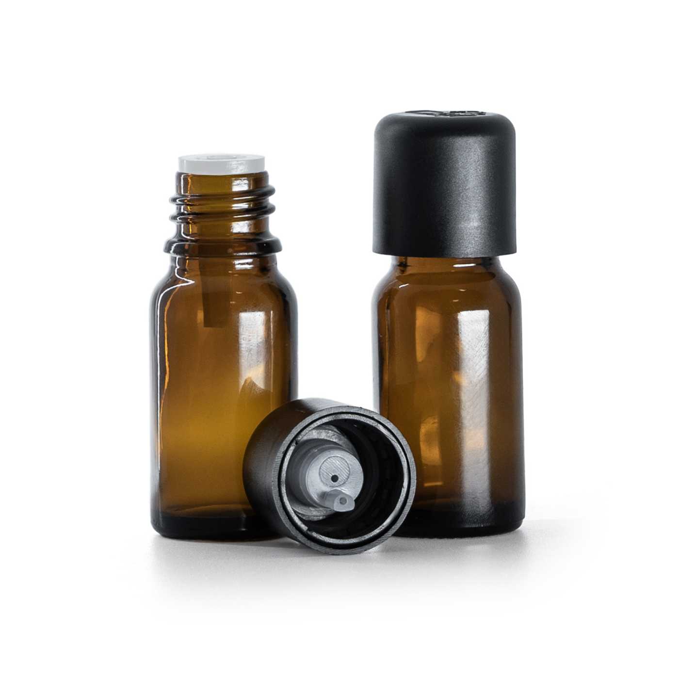 Sklenená fľaška, liekovka, čierny vrchnák s poistkou, 10 ml