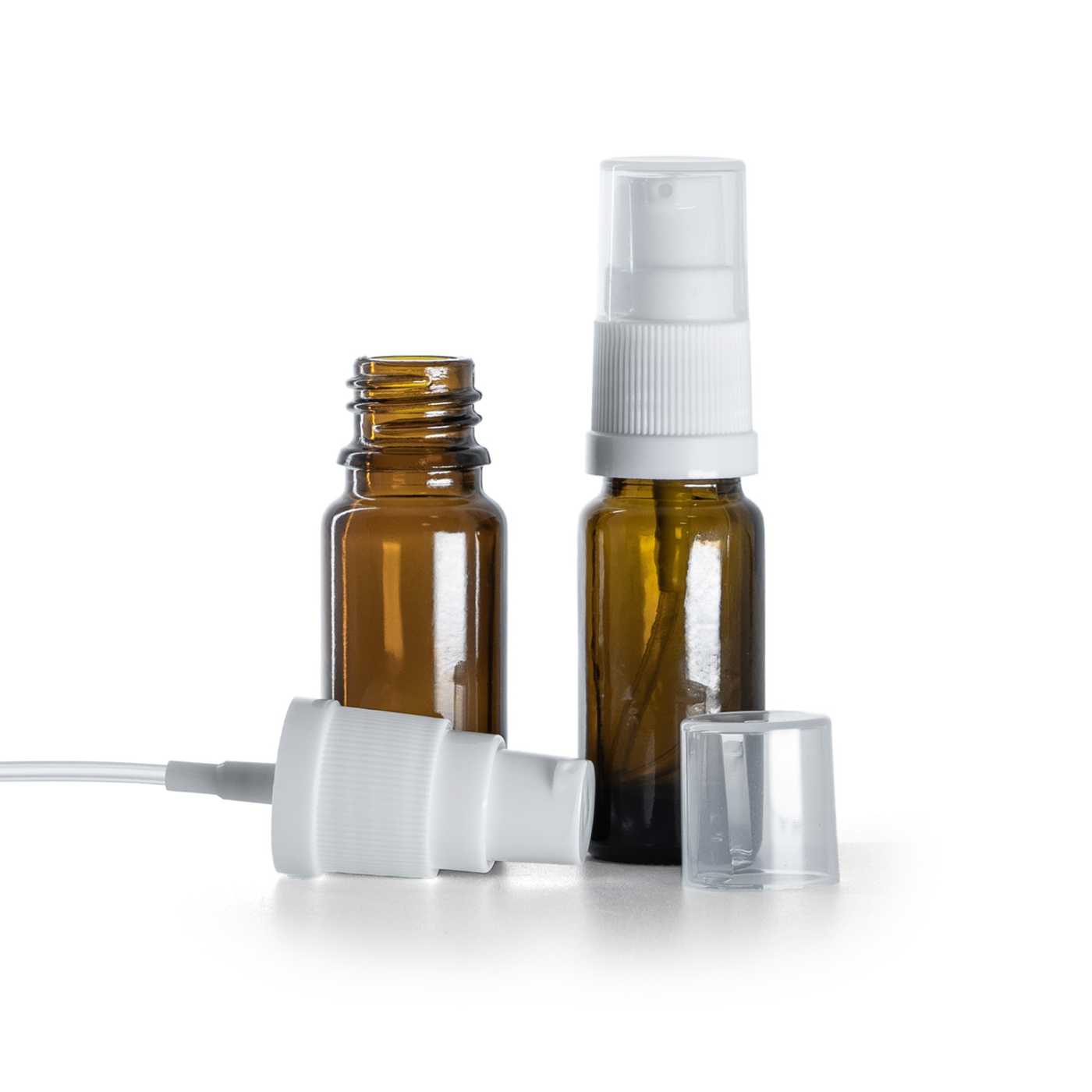 Flacon en verre ambré type B, fin, pompe lotion blanche, 10 ml