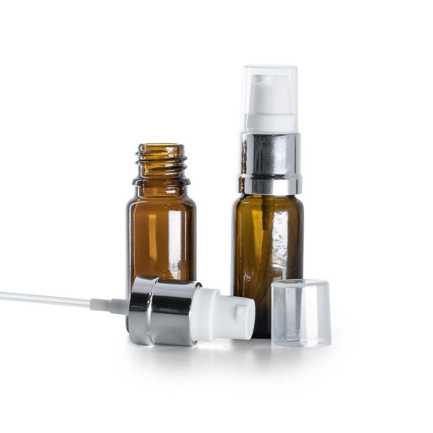 Sklenená liekovka typ B vysoká, hnedá, bielo-strieborný lesklý dávkovač, 10 ml