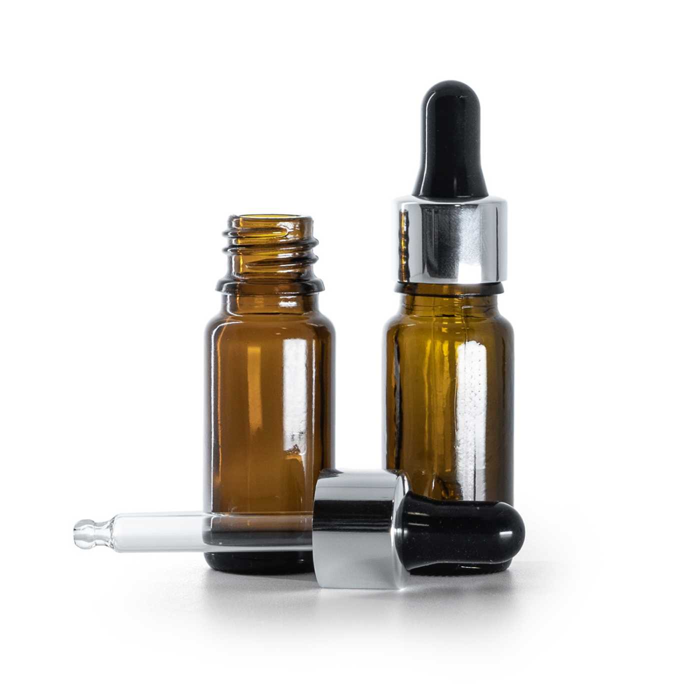 Sklenená liekovka typ B, vysoká, čierno-strieborné kvapátko, 10 ml