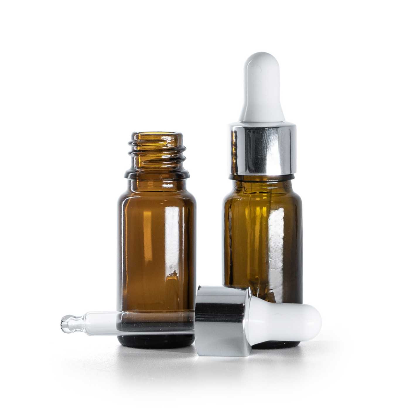 Sklenená liekovka typ B, vysoká, strieborné lesklé kvapátko, 10 ml