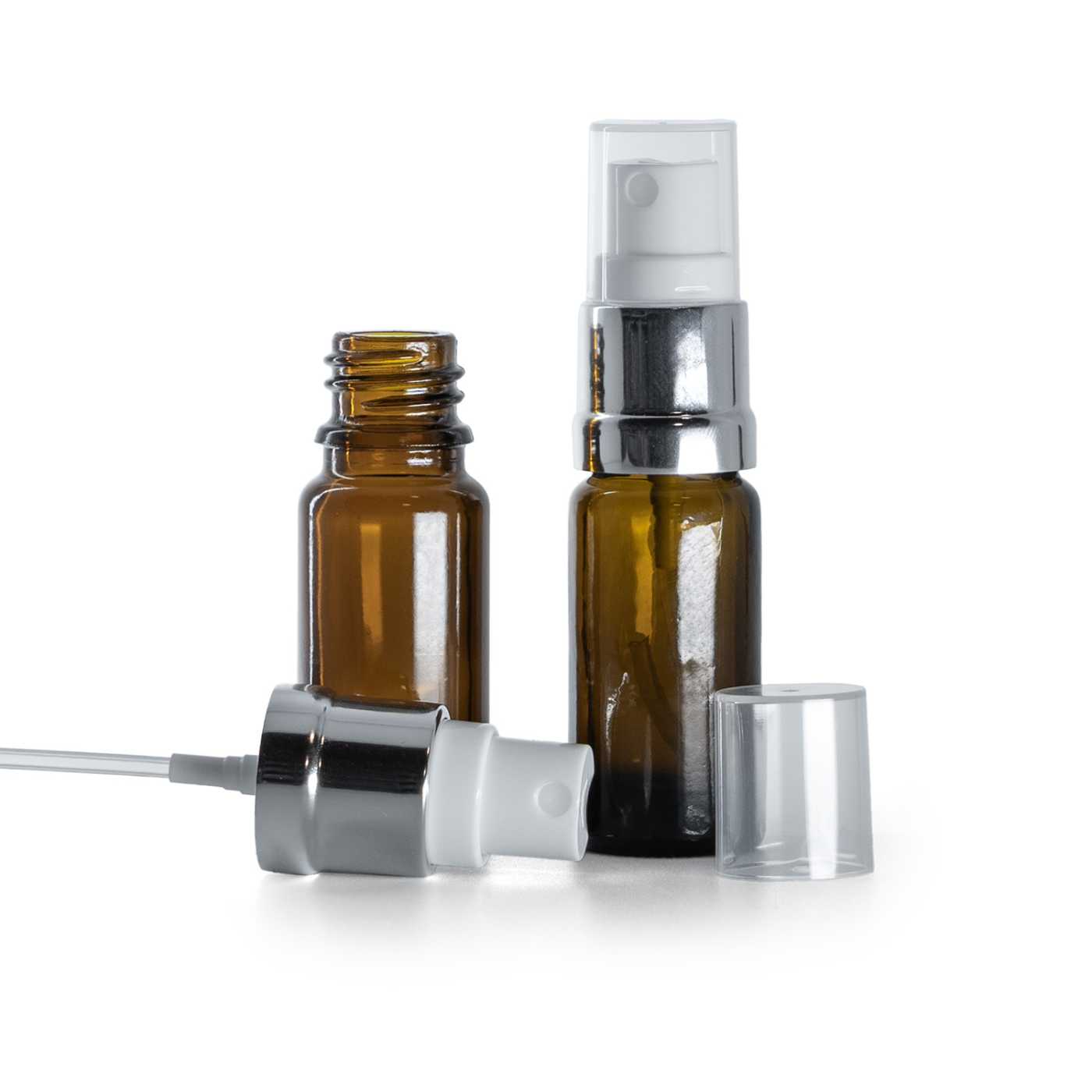 Sklenená liekovka typ B, vysoká, bielo-strieborný rozprašovač, 10 ml