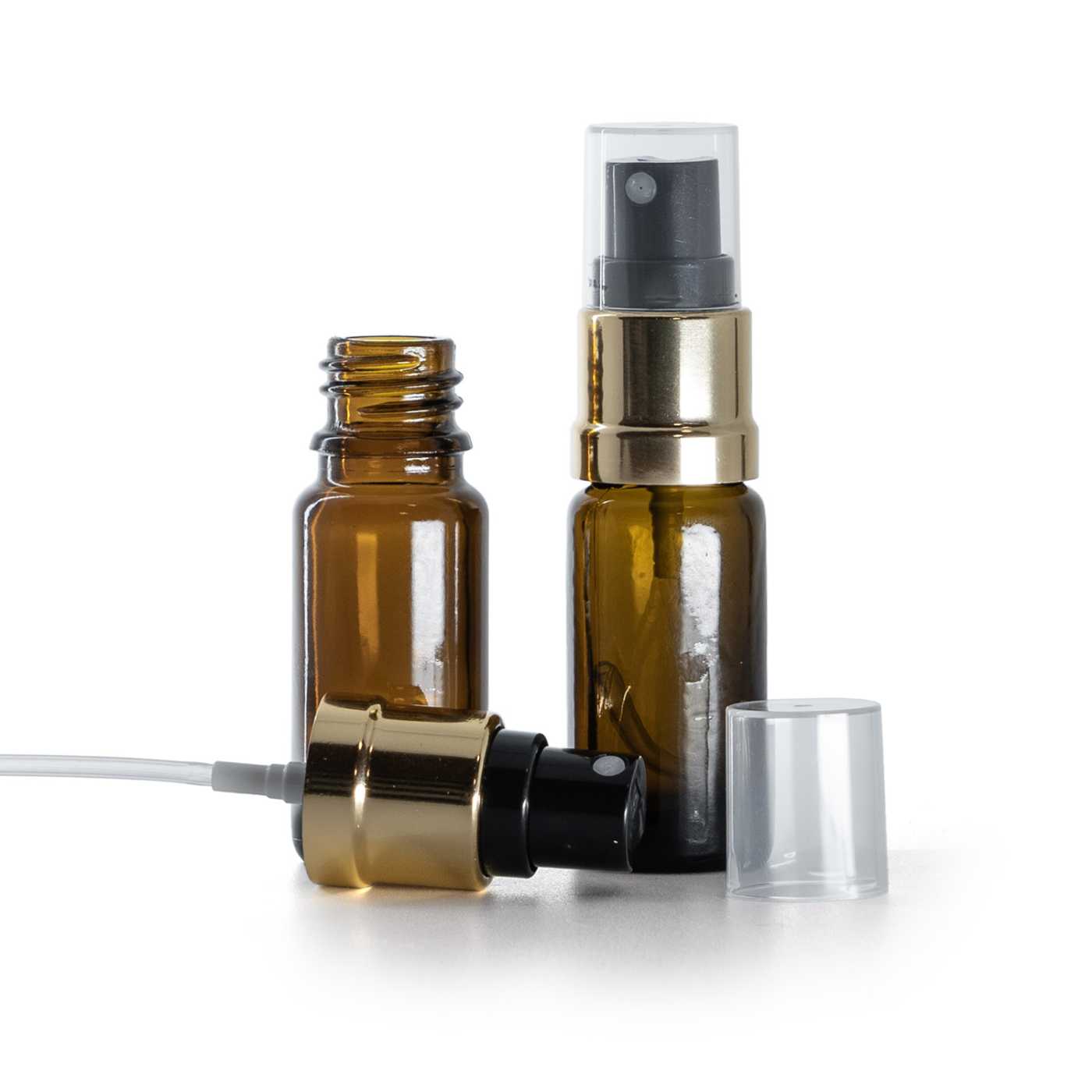 Sklenená liekovka typ B, vysoká, čierno-zlatý rozprašovač, 10 ml