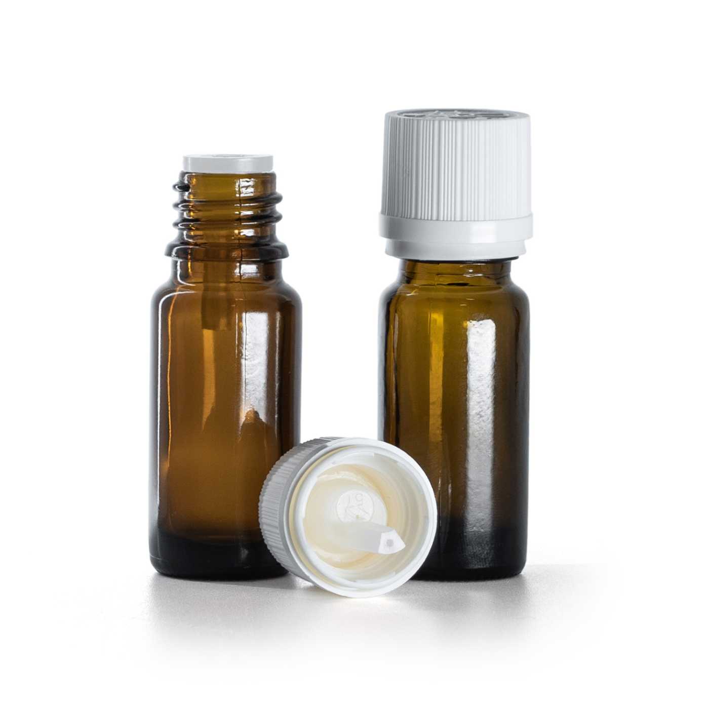 Sklenená liekovka typ B, vysoká, biely vrúbkovaný vrchnák s poistkou, 10 ml