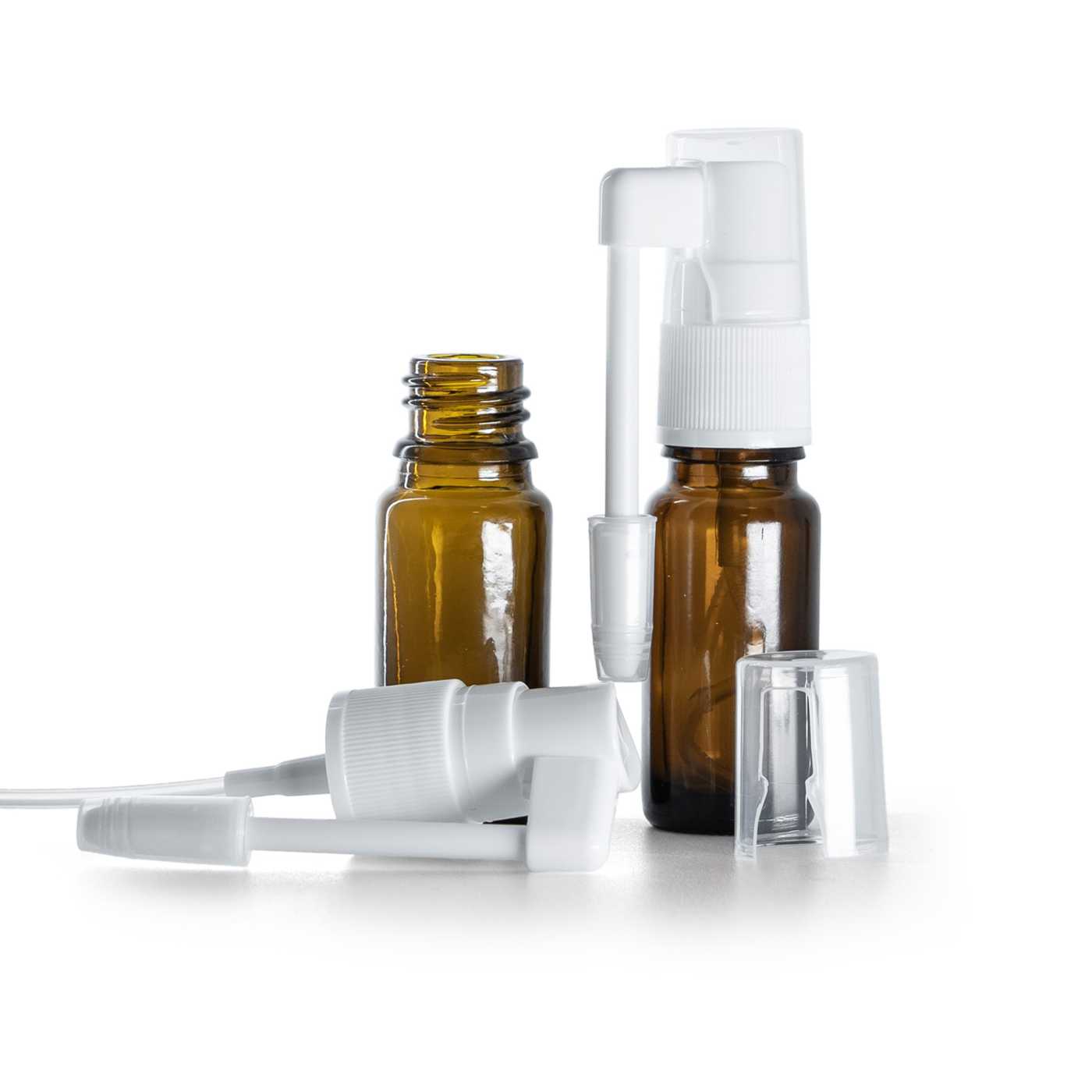 Sklenená liekovka typ B, vysoká, sprej do hrdla, 10 ml