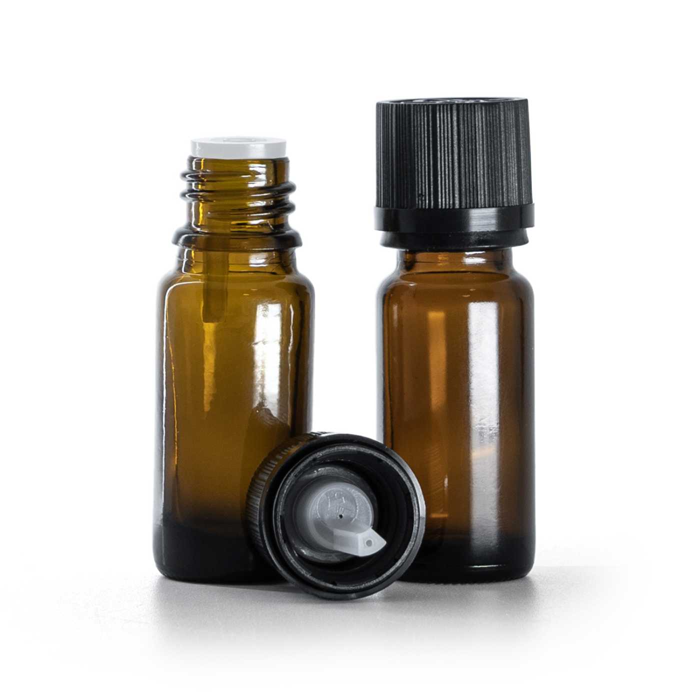 Sklenená liekovka typ B, vysoká, čierny vrúbkovaný vrchnák s poistkou, 10 ml