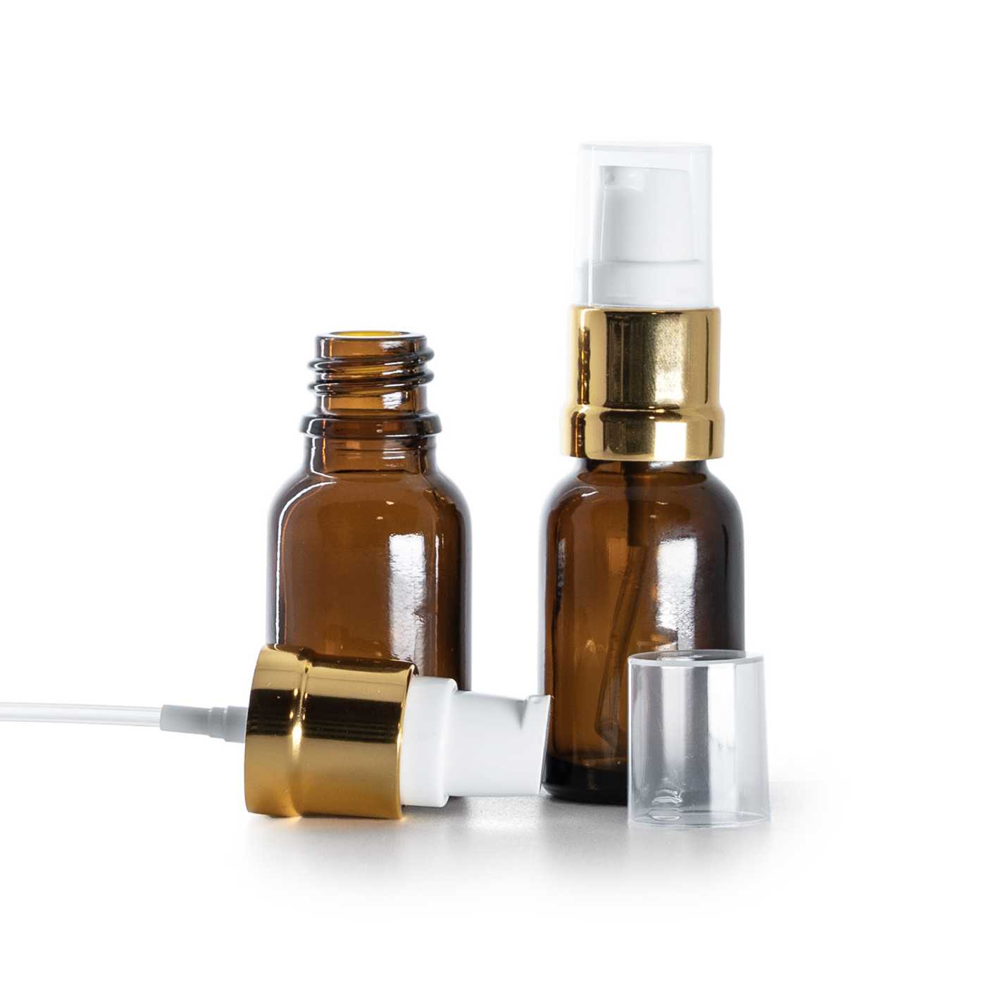 Hnědá skleněná lahvička s bílým zlatým lesklým dávkovačem, 15 ml