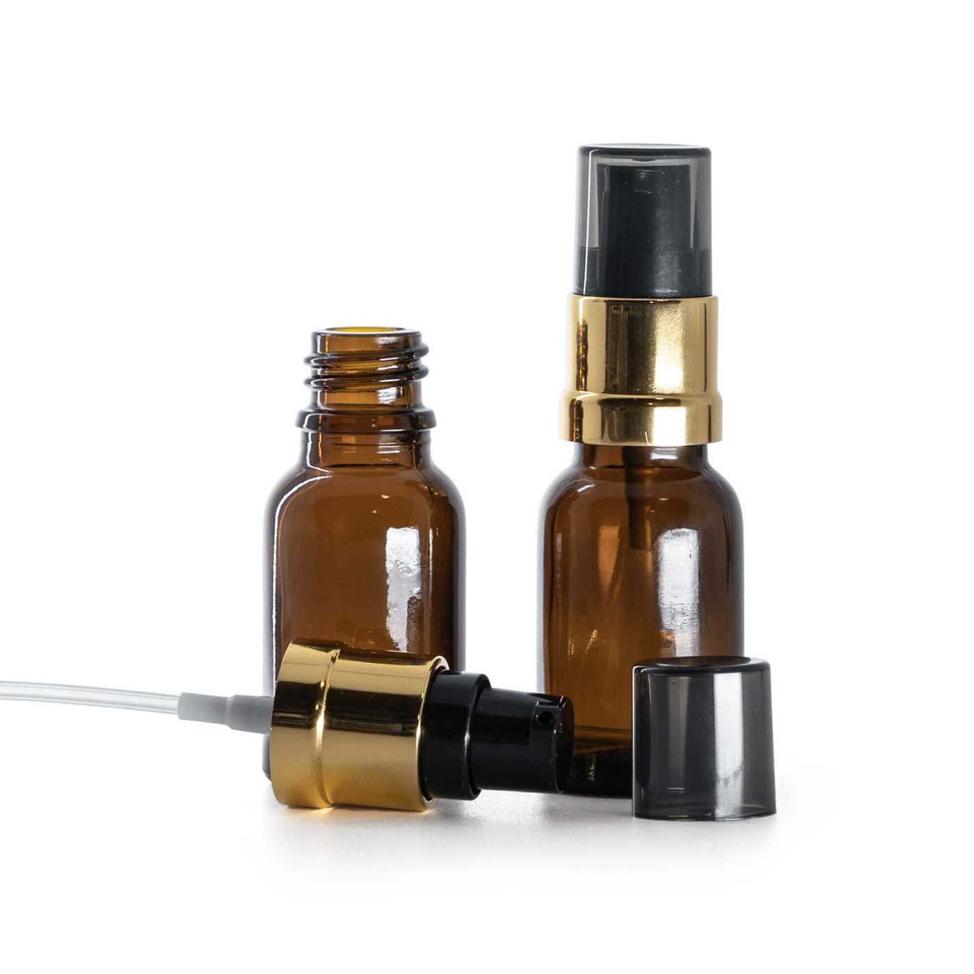 Skleněná lahvička, lékovka hnědá, černo‑zlatá lesklá pumpička s dýmovým krytem, 15 ml