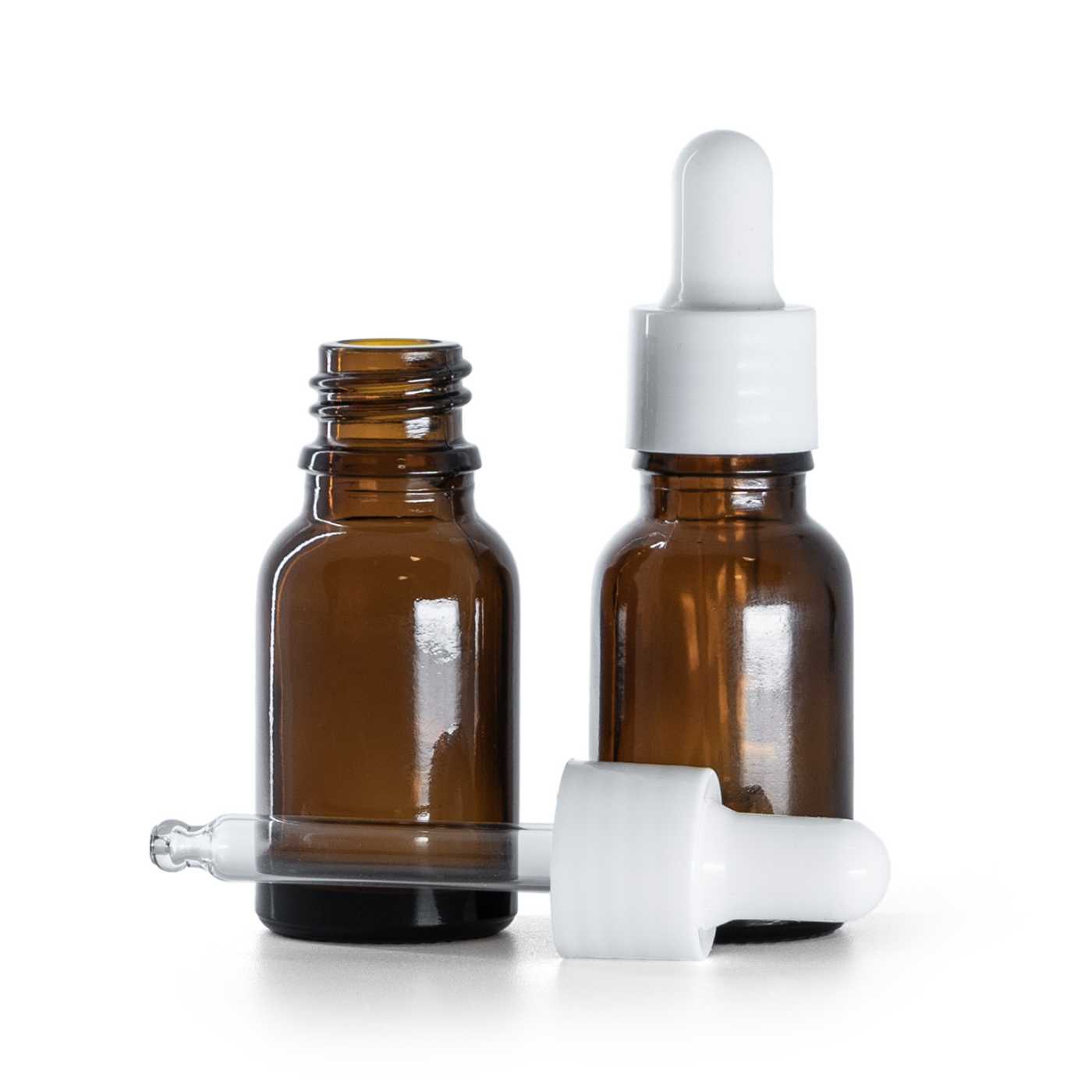 Hnědá skleněná lahvička, lesklá bílá pipeta, 15 ml