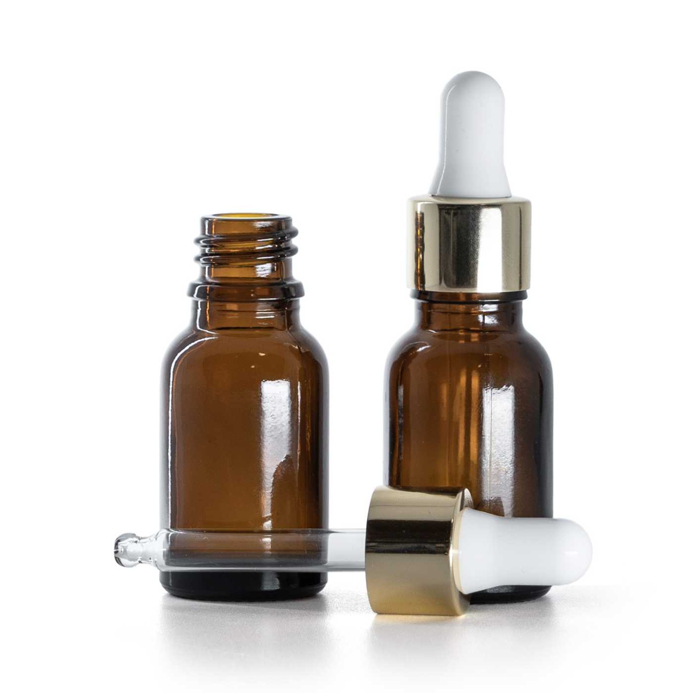 Hnědá skleněná lahvička s bílo-zlatým kapátkovým uzávěrem, 15 ml