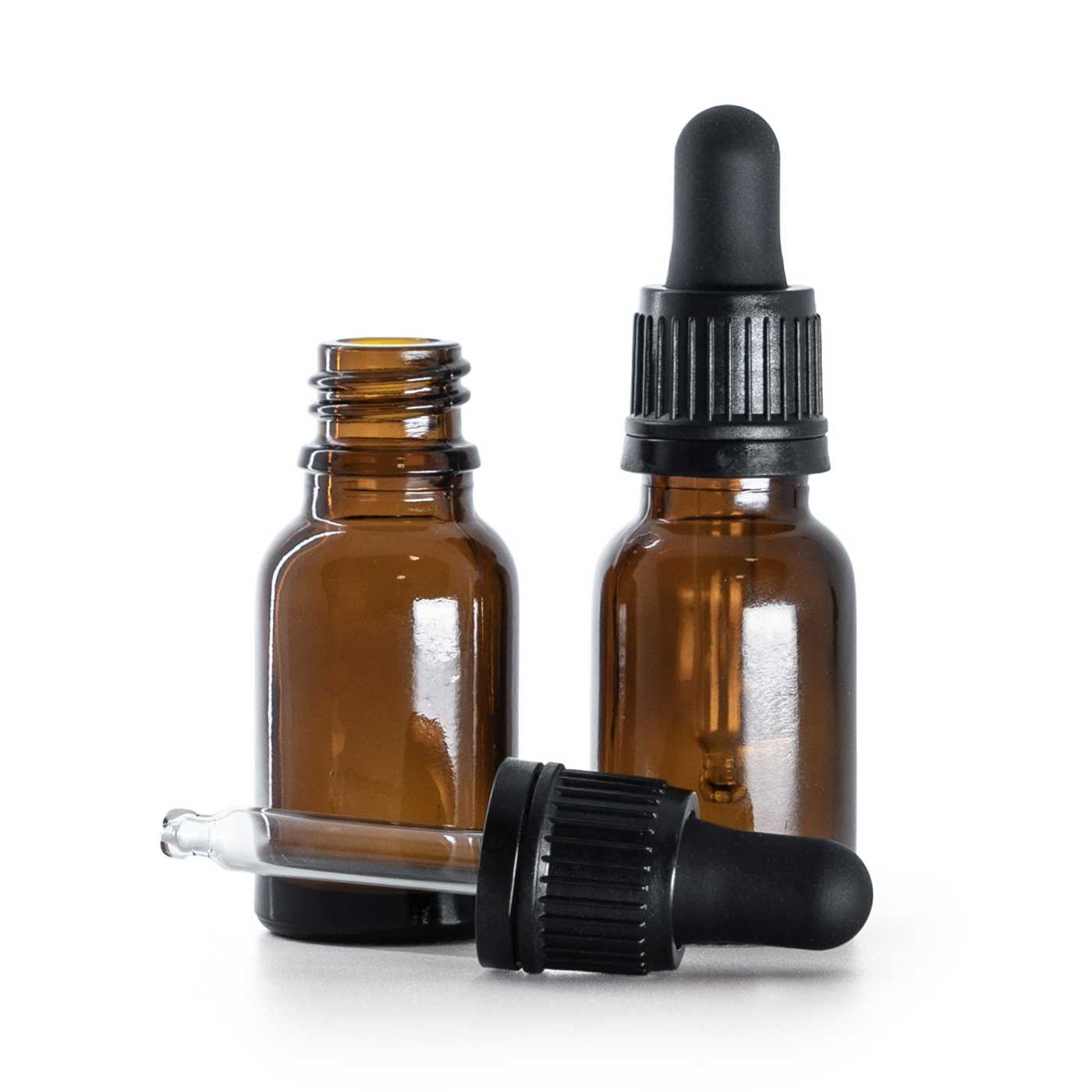 Hnědá skleněná lahvička s černým bezpečnostním kapátkem, 15 ml