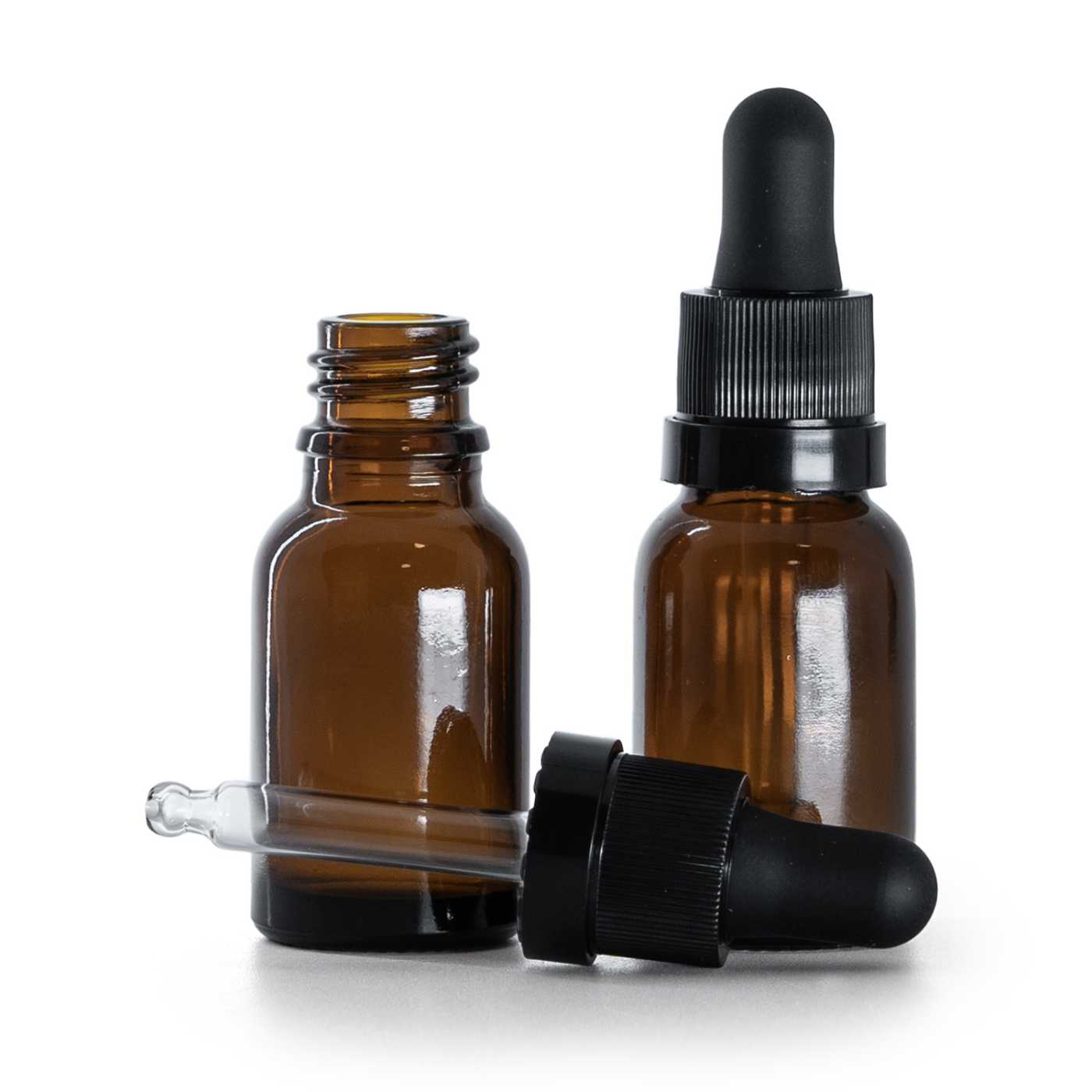 Hnědá skleněná lahvička, černé kapátko s lesklým proužkem, 15 ml