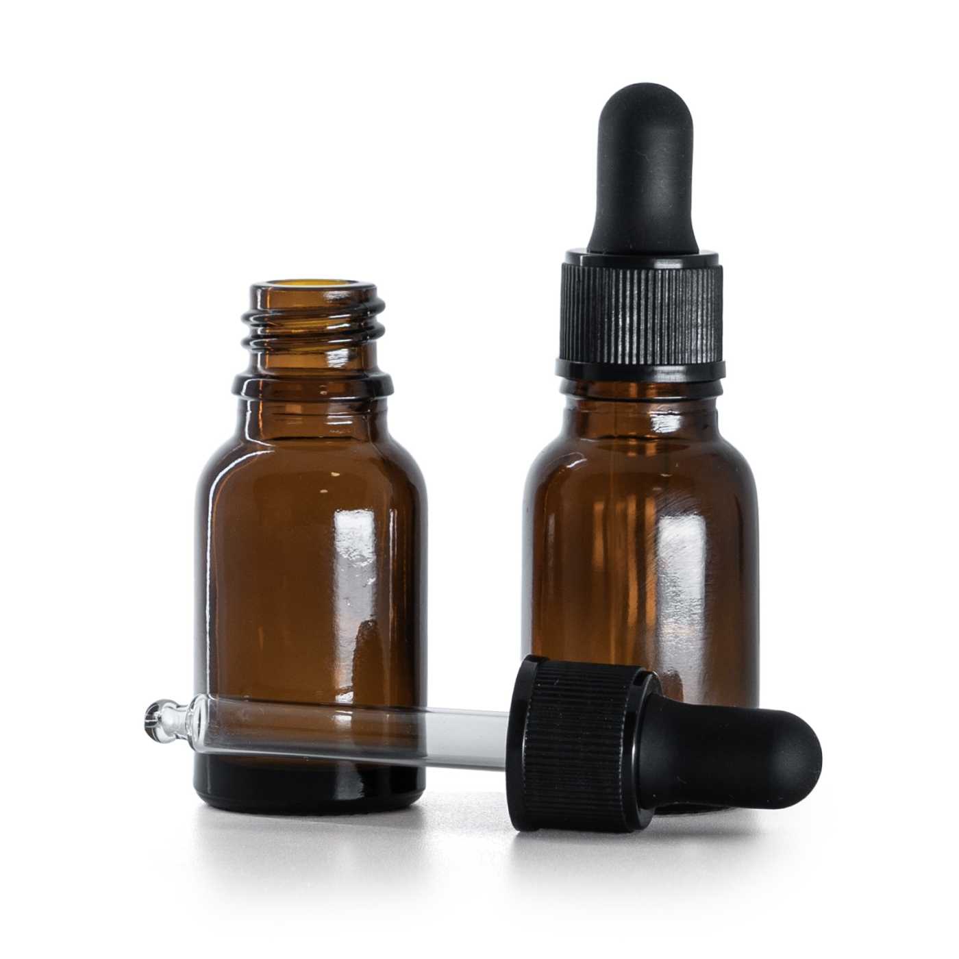 Hnědá skleněná lahvička, matně černé kapátko, 15 ml