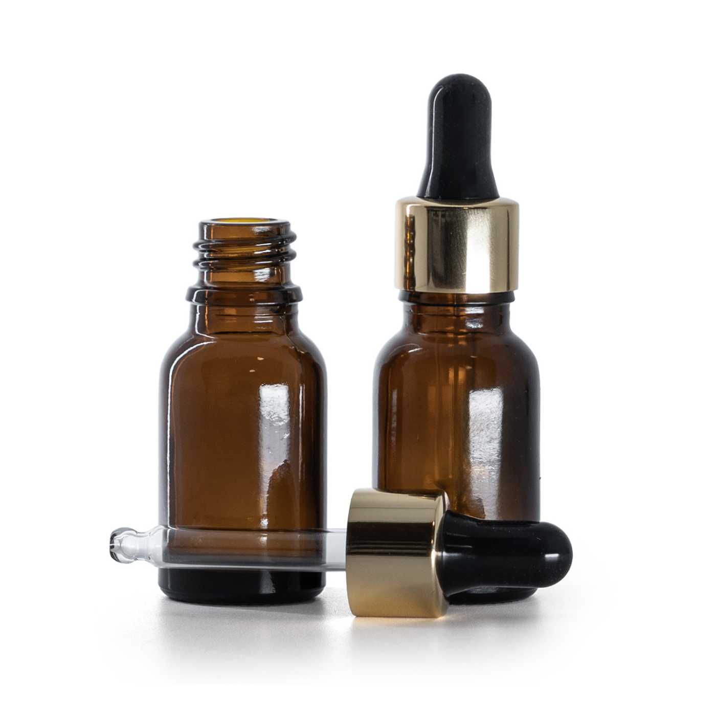 Hnědá skleněná lahvička s černo-zlatou pipetou 15 ml