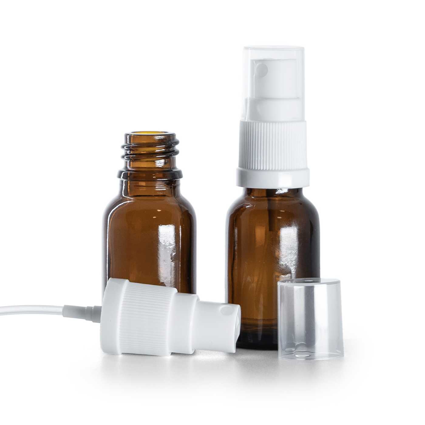 Hnědá skleněná lahvička s bílým rozprašovačem 15 ml