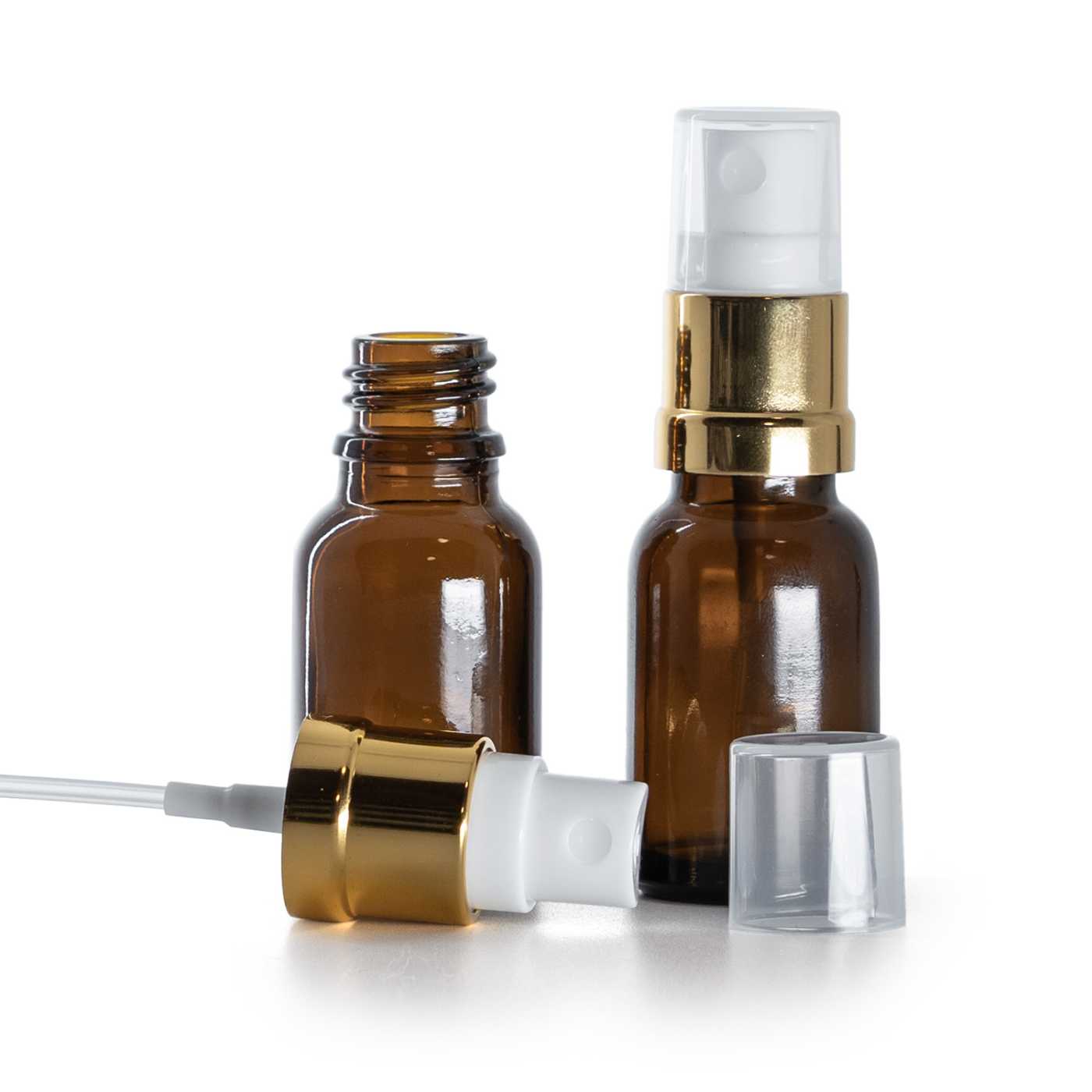 Hnědá skleněná lahvička s bílo-zlatým rozprašovačem, 15 ml