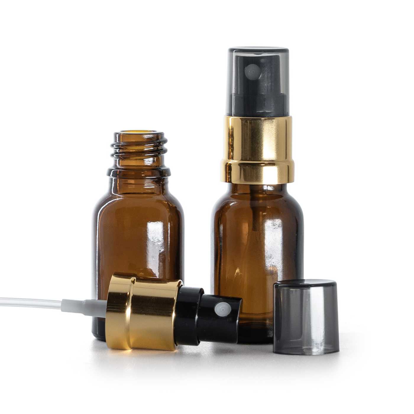 Skleněná lékovka hnědá, černo-zlatý rozprašovač, dýmový kryt, 15 ml
