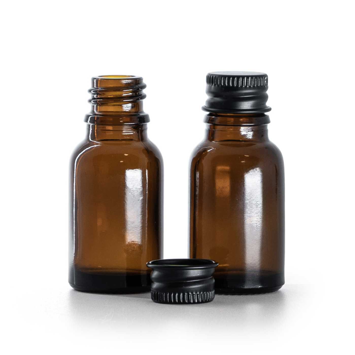 Hnědá skleněná lahvička, černý hliníkový uzávěr, 15 ml