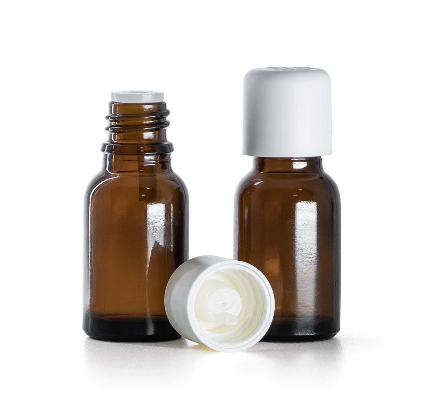 Hnědá skleněná lahvička s bílým bezpečnostním uzávěrem, 15 ml