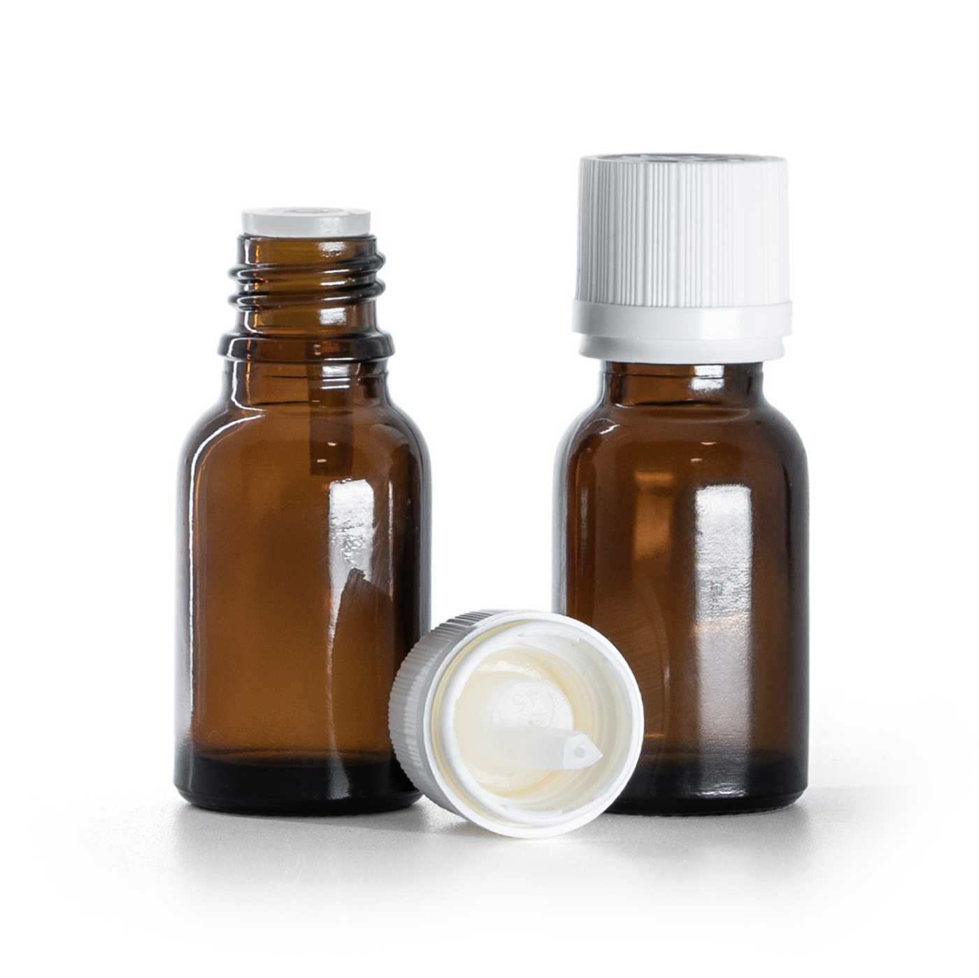 Hnědá skleněná lahvička, bílý bezpečnostní uzávěr s kapátkem, 15 ml