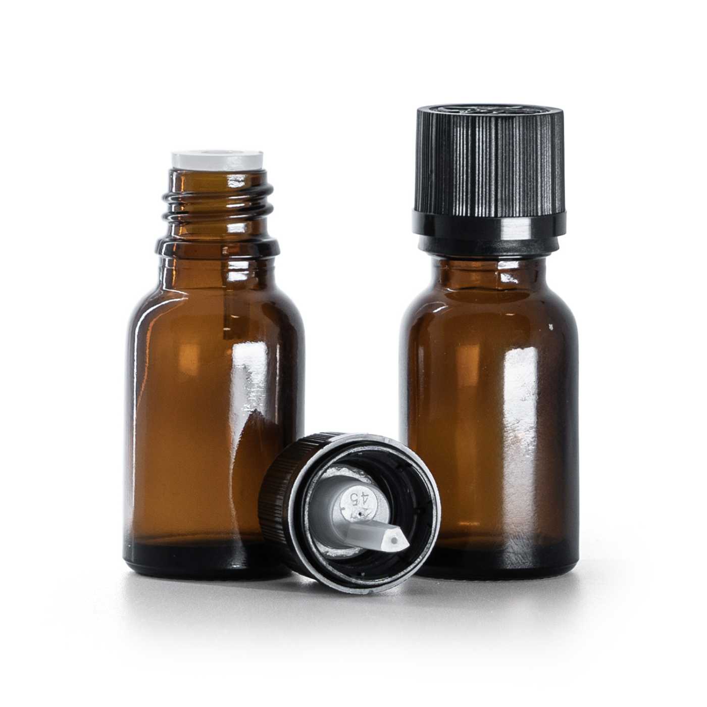 Hnědá skleněná lahvička s černým bezpečnostním uzávěrem s kapátkem 15 ml