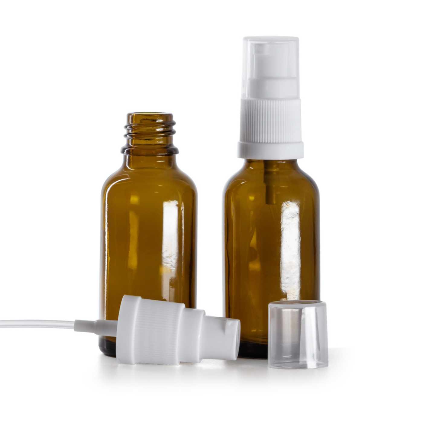 Flacon en verre ambré avec pompe blanche, 30 ml