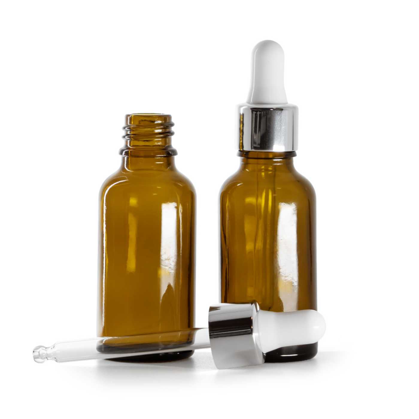 Butelka szklana apteczna, srebrny błyszczący kroplomierz, 30 ml