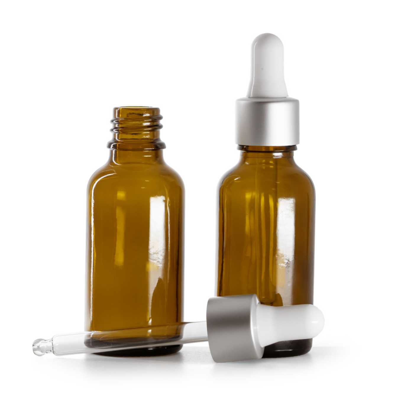 Butelka szklana apteczna, srebrny matowy kroplomierz, 30 ml