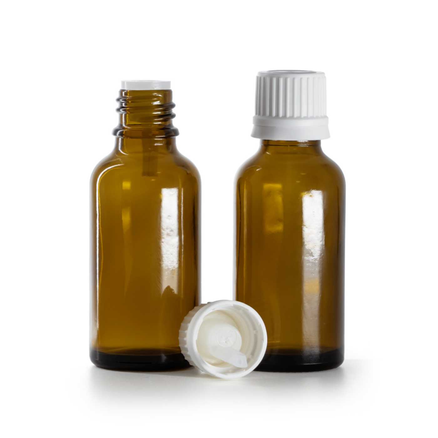 Sklenená fľaška, liekovka, biely vrchnák s kvapátkom, 30 ml