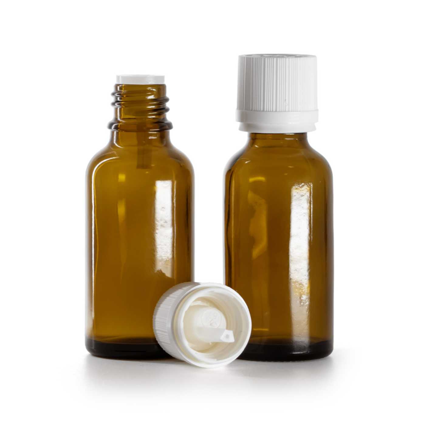 Sklenená fľaška, liekovka, biely vrúbkovaný vrchnák s poistkou, 30 ml