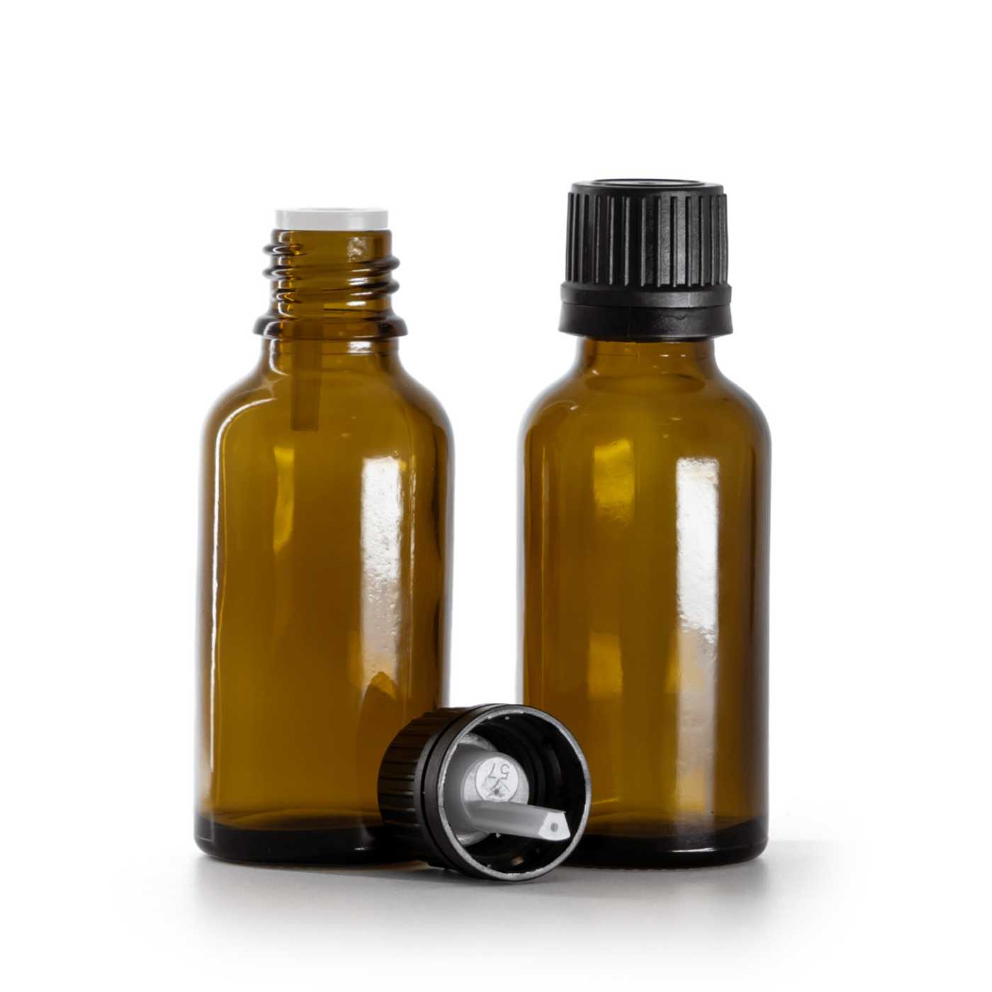 Sklenená fľaška, liekovka, čierny vrchnák s kvapátkom, 30 ml