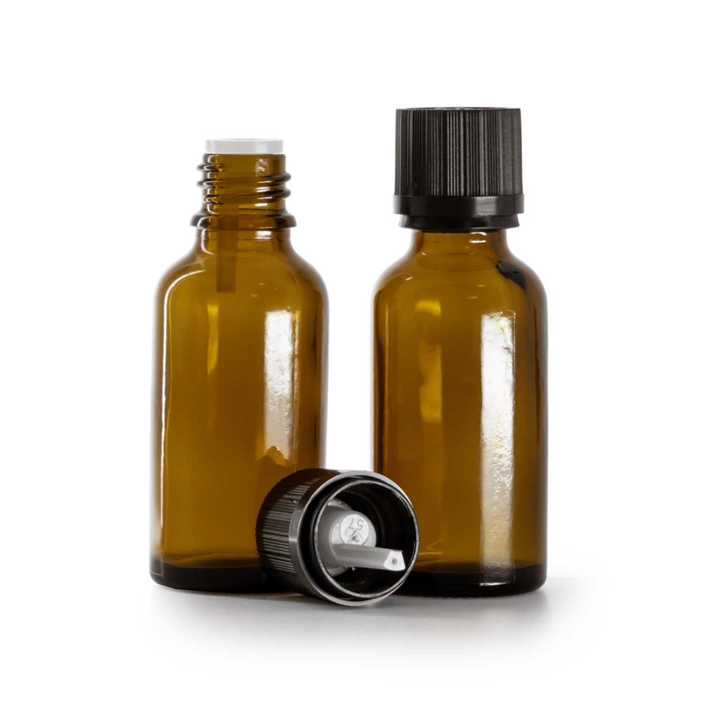 Sklenená fľaška, liekovka, čierny vrúbkovaný vrchnák s poistkou, 30 ml
