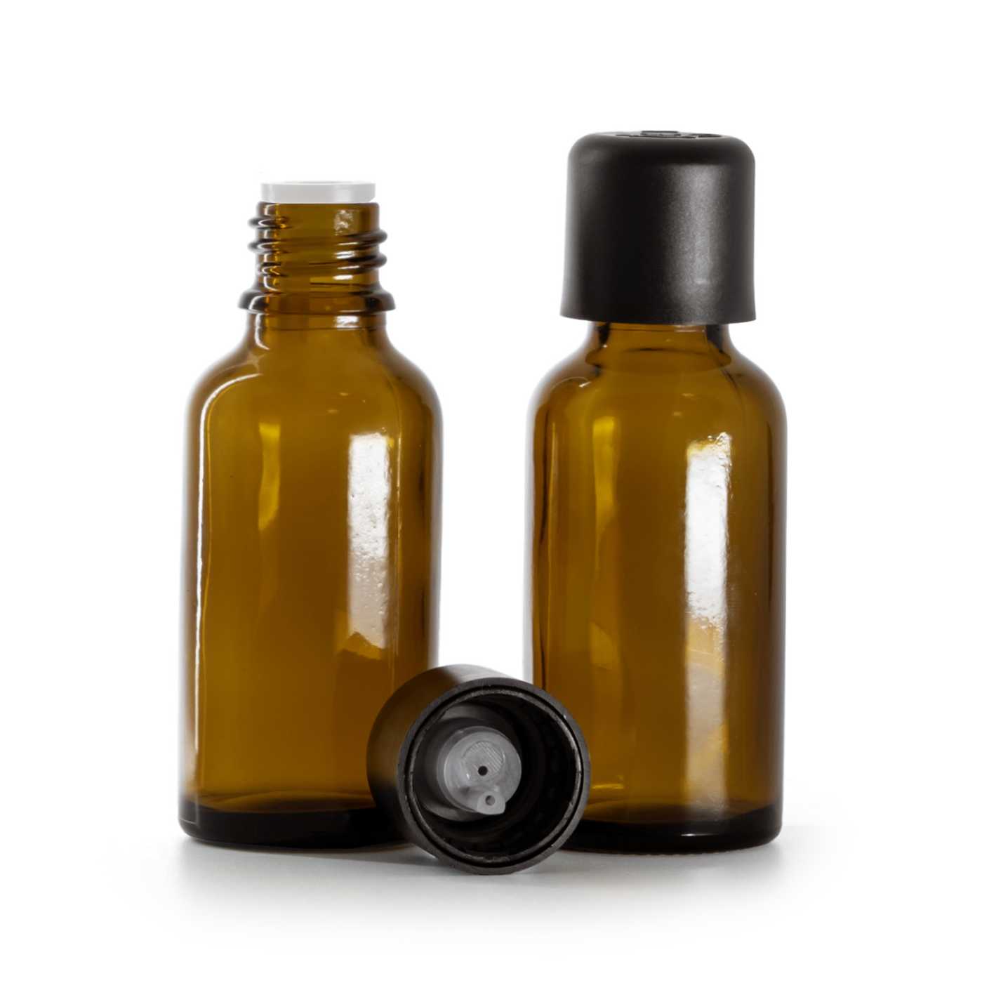 Sklenená fľaška, liekovka, čierny vrchnák s poistkou, 30 ml