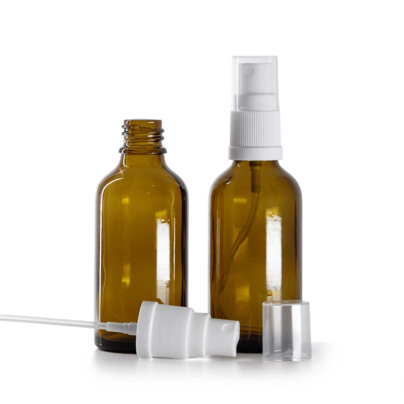 Sklenená fľaška, liekovka, biely rozprašovač, 50 ml