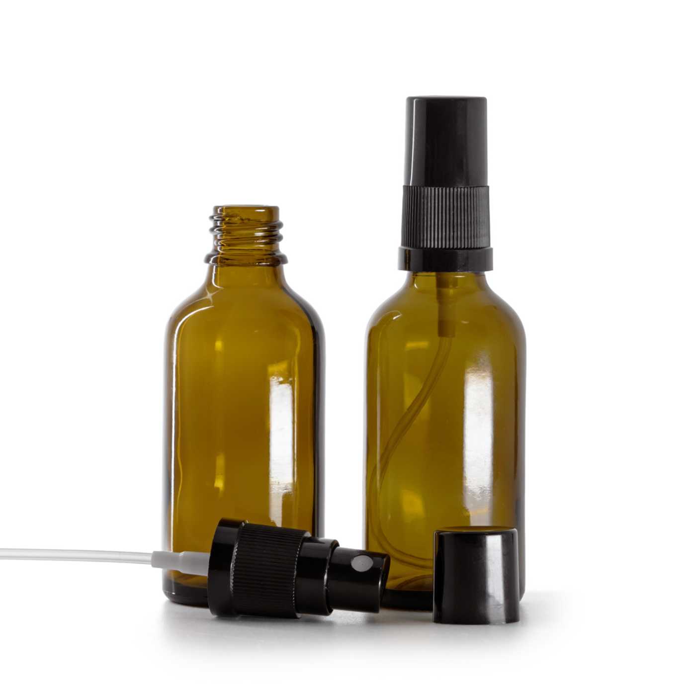 Sklenená fľaška, liekovka, čierny rozprašovač, čierny vrch, 50 ml