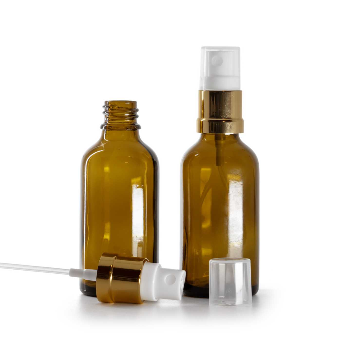 Sklenená fľaška, liekovka, bielo-zlatý rozprašovač, 50 ml