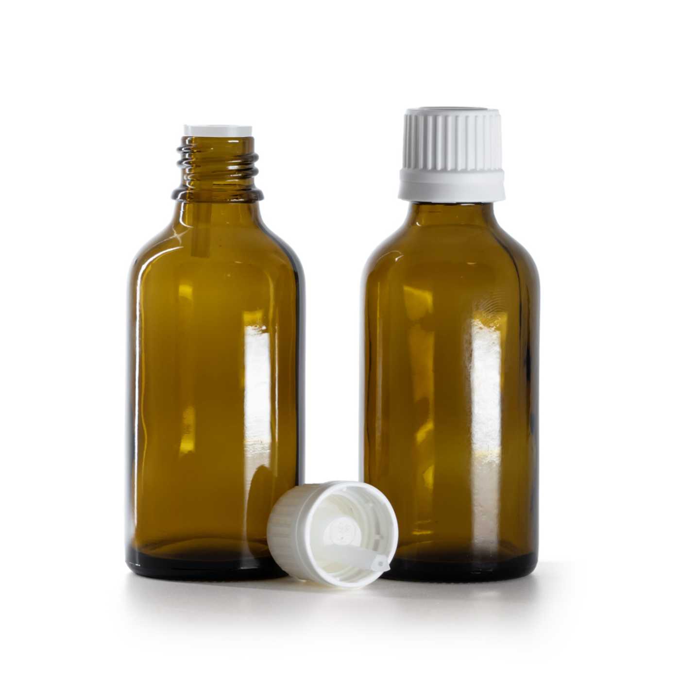 Sklenená fľaška, liekovka, biely vrchnák s kvapátkom, 50 ml