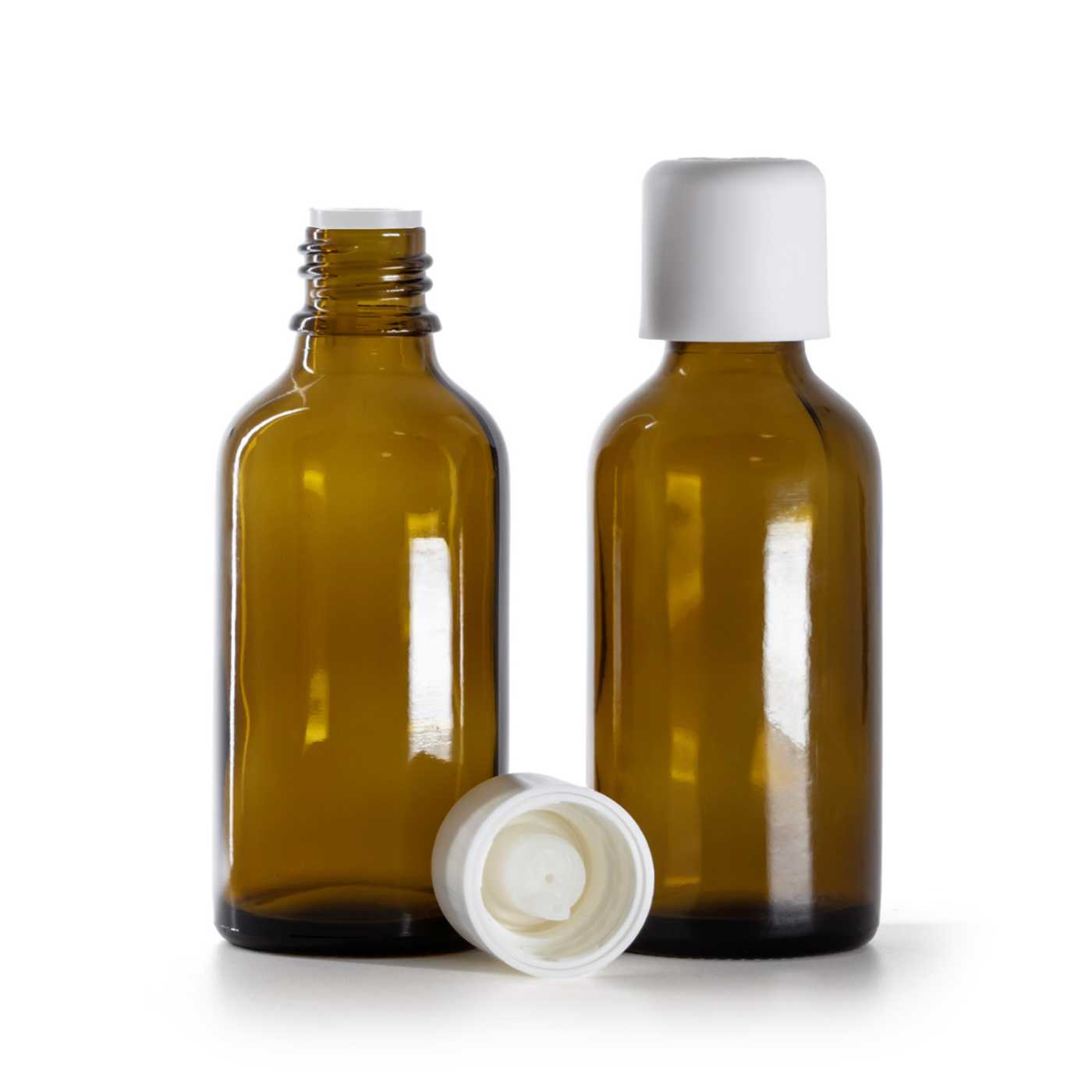Sklenená fľaška, liekovka, biely vrchnák s poistkou, 50 ml