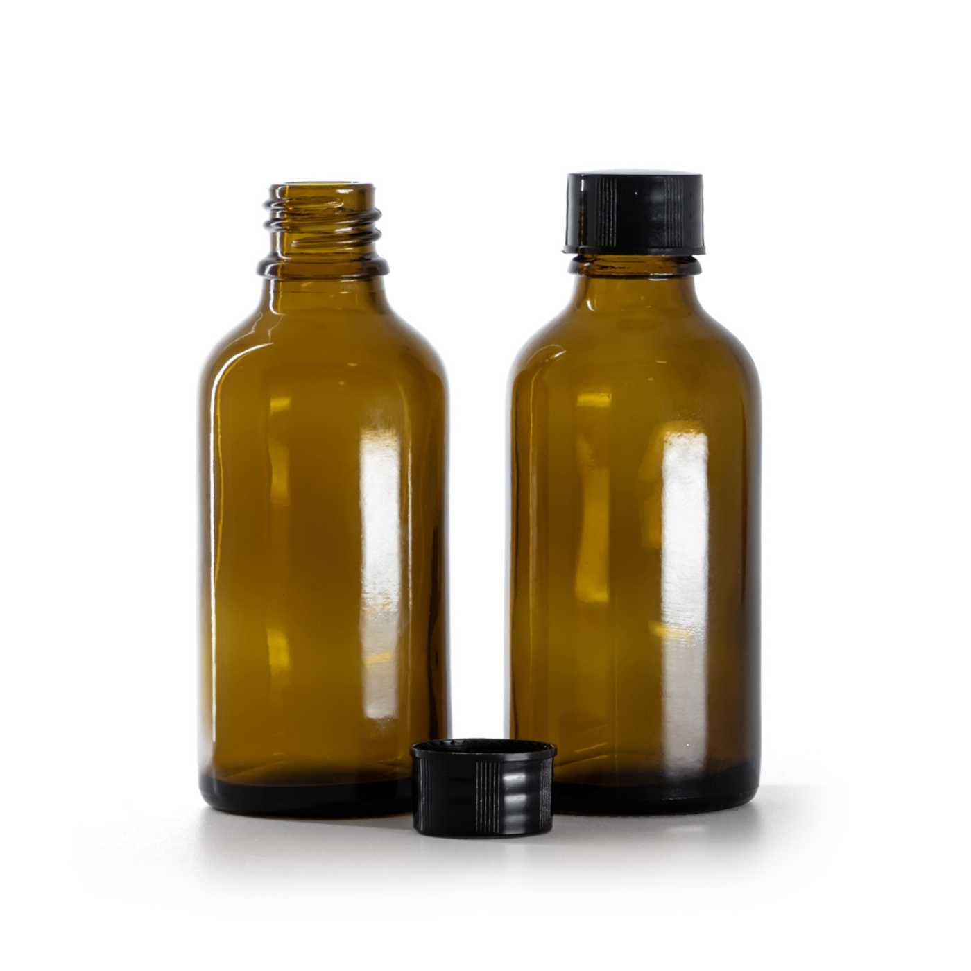Sklenená liekovka, čierny vrchnák, 50 ml