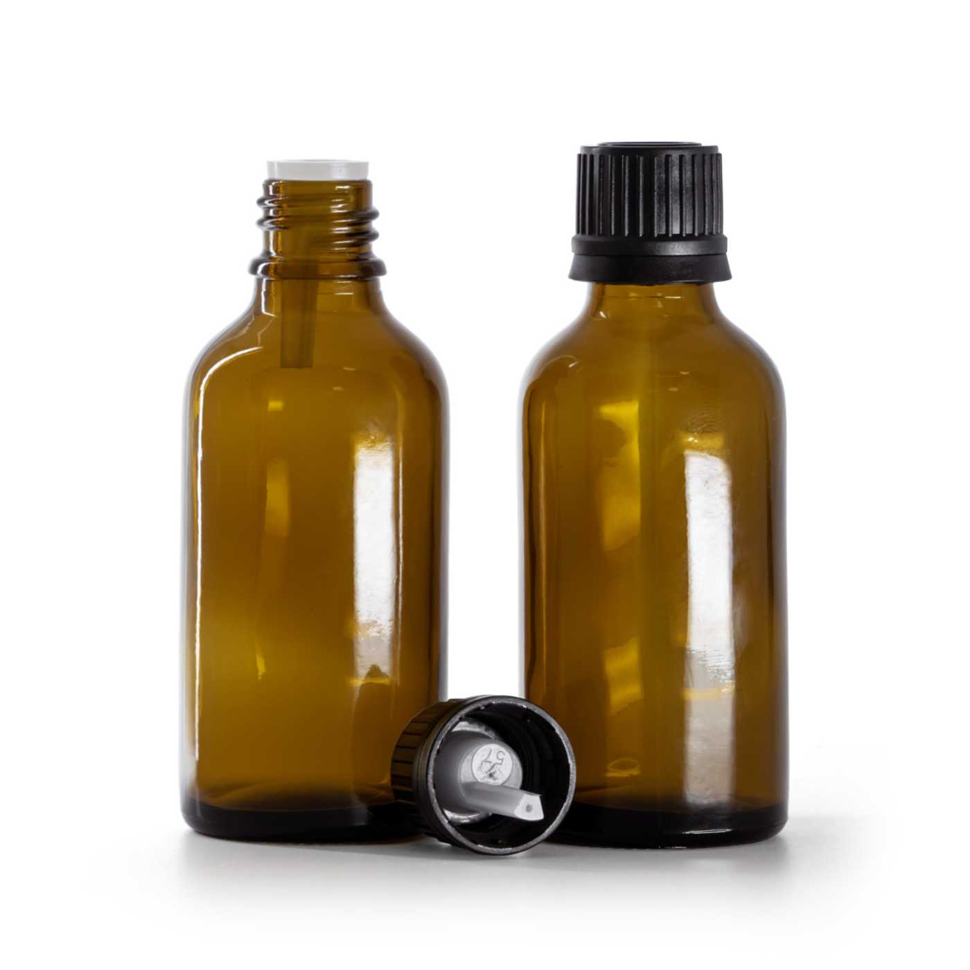 Sklenená fľaška, liekovka, čierny vrchnák s kvapátkom, 50 ml