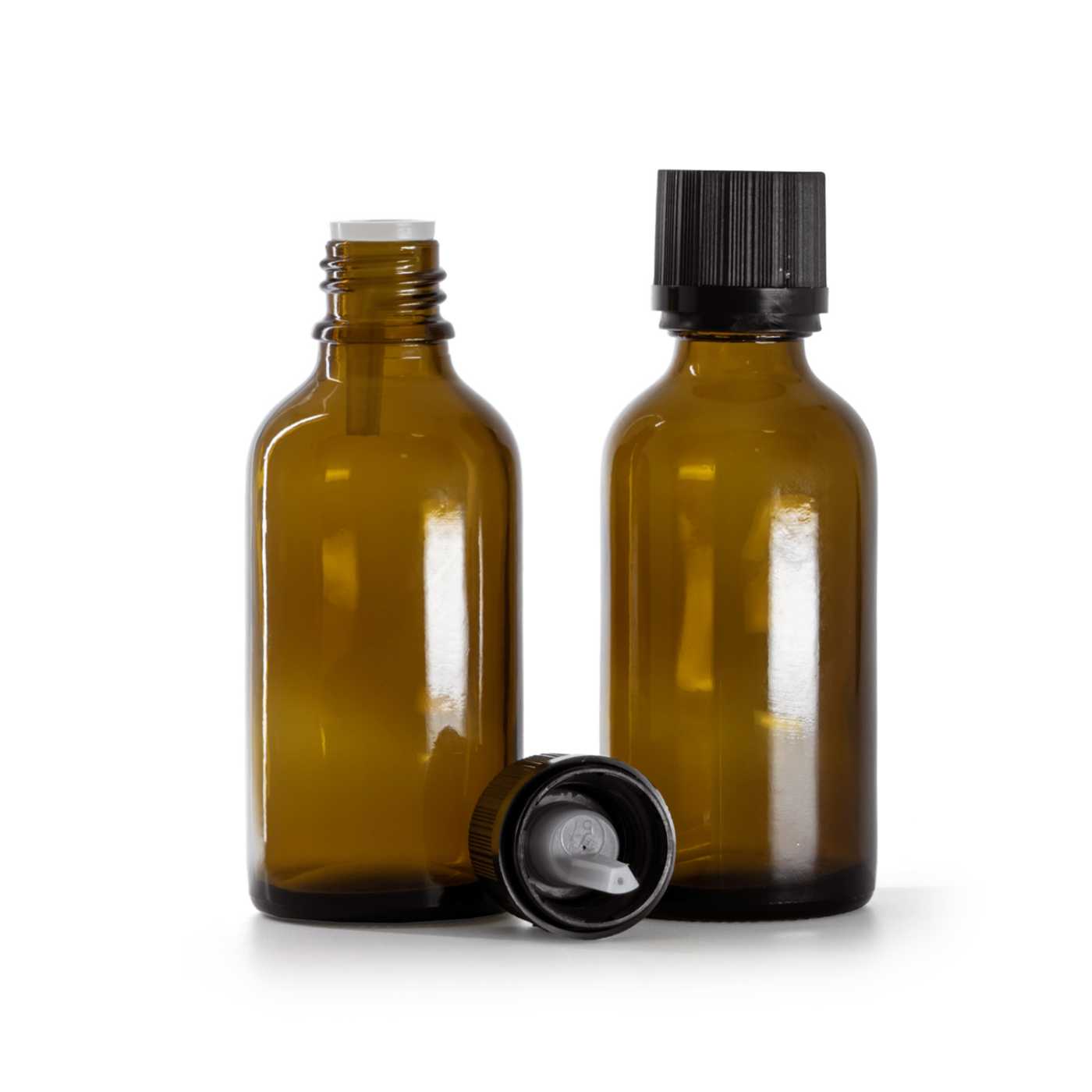 Sklenená fľaška, liekovka, čierny vrúbkovaný vrchnák s poistkou, 50 ml