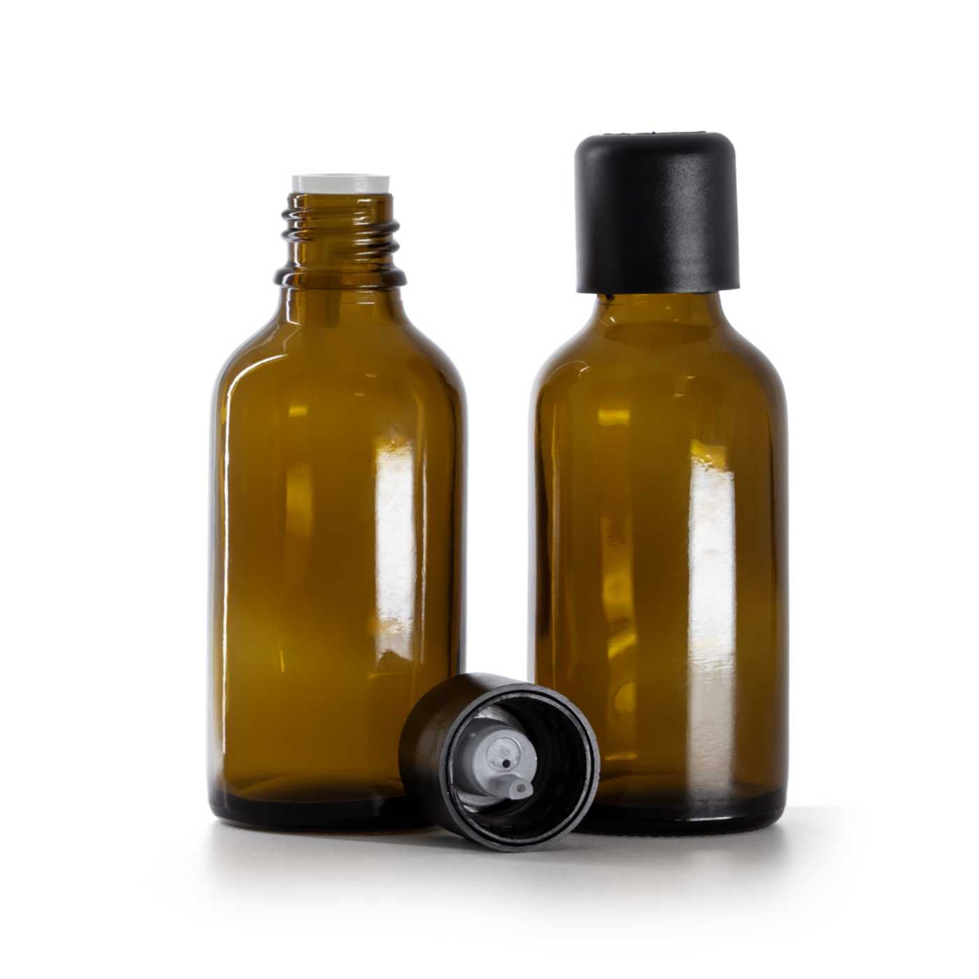 Sklenená fľaška, liekovka, čierny vrchnák s poistkou, 50 ml
