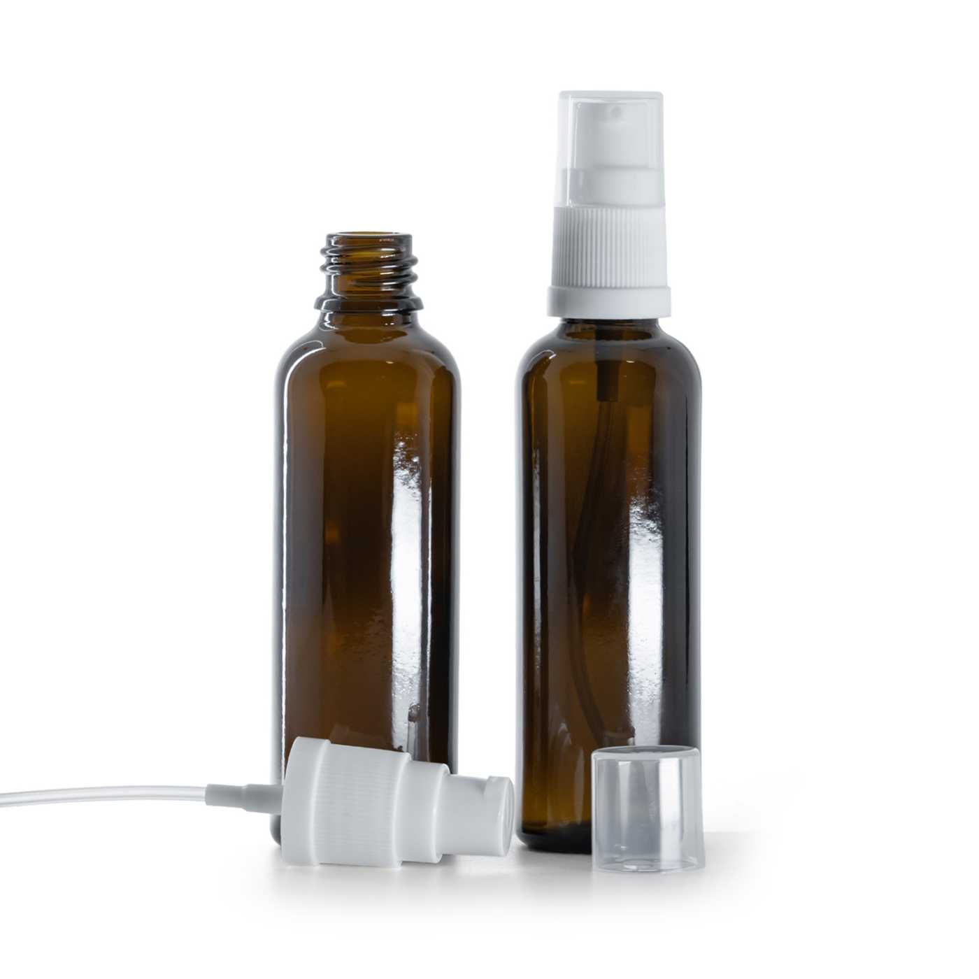 Flacon en verre ambré, fin, pompe lotion blanche, 50 ml